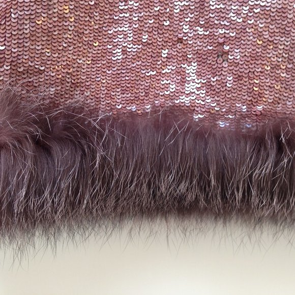 Alice and Olivia bronze mocha sequined fur hem sleeveless cocktail dress US 4 - Picture 4 of 6